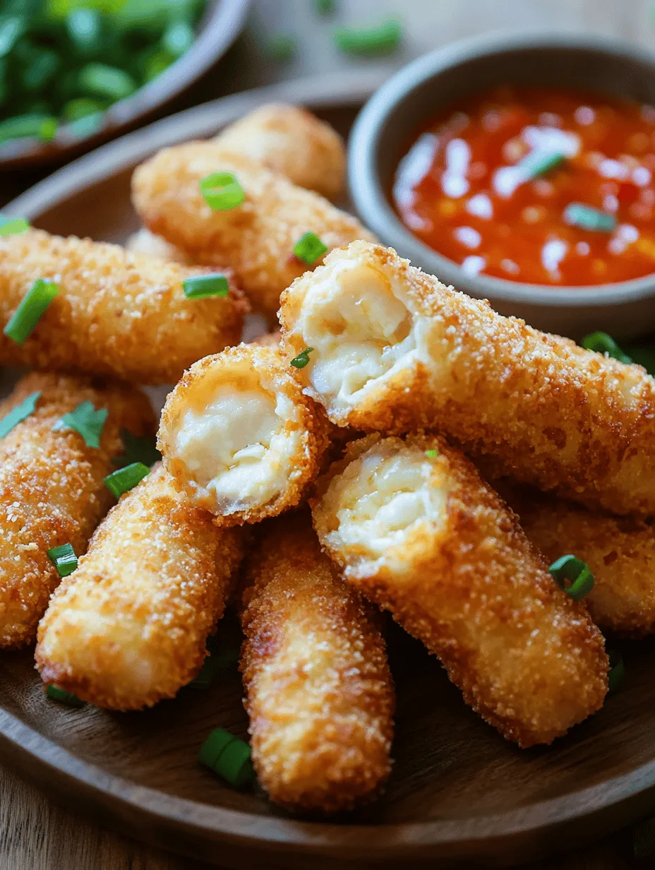 Crab Rangoon Mozzarella Sticks are a creative blend of flavors and textures that take inspiration from two classic appetizers. The concept finds its roots in the beloved crab rangoon, a popular dish in American Chinese cuisine that features a creamy filling of crab meat and cream cheese, typically wrapped in a wonton skin and deep-fried to perfection. On the other hand, mozzarella sticks are a staple at parties and sports events, known for their gooey interior and crispy exterior.