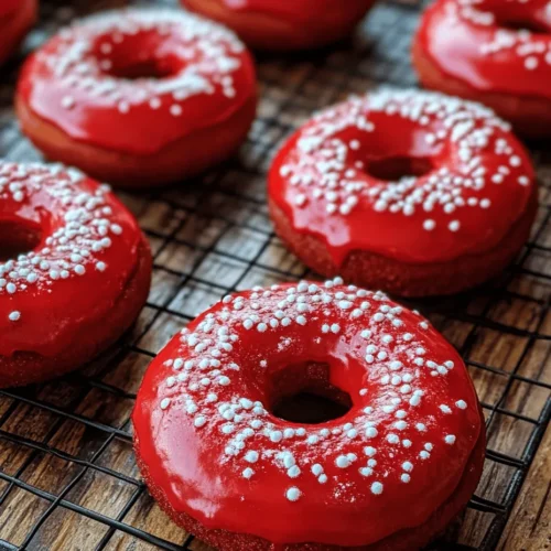 If you’re looking to elevate your donut game, red velvet donuts are a delightful twist on the classic treat that not only taste amazing but also look stunning. These eye-catching donuts feature a vibrant red hue that makes them perfect for special occasions, celebrations, or simply when you want to impress family and friends. Their unique flavor profile blends the soft, tender texture of baked donuts with the subtle sweetness and hint of cocoa that red velvet desserts are known for. The addition of a luscious cream cheese glaze takes these donuts to the next level, creating an irresistible combination that is both visually appealing and delicious.