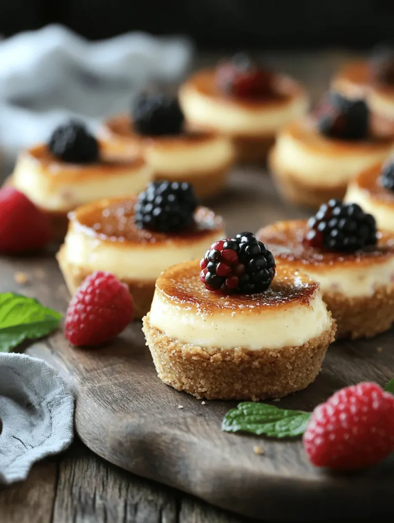 Cheesecakes and crème brûlée are two of the most beloved desserts in the culinary world, each offering their own unique blend of flavors and textures. Cheesecakes, with their creamy filling and buttery crust, are a classic favorite at gatherings, while crème brûlée, known for its rich custard base and signature caramelized sugar topping, is often considered a hallmark of fine dining. The combination of these two iconic desserts into a single, elegant creation results in the mini crème brûlée cheesecake—a delightful treat that captures the essence of both desserts in a charming, bite-sized form.