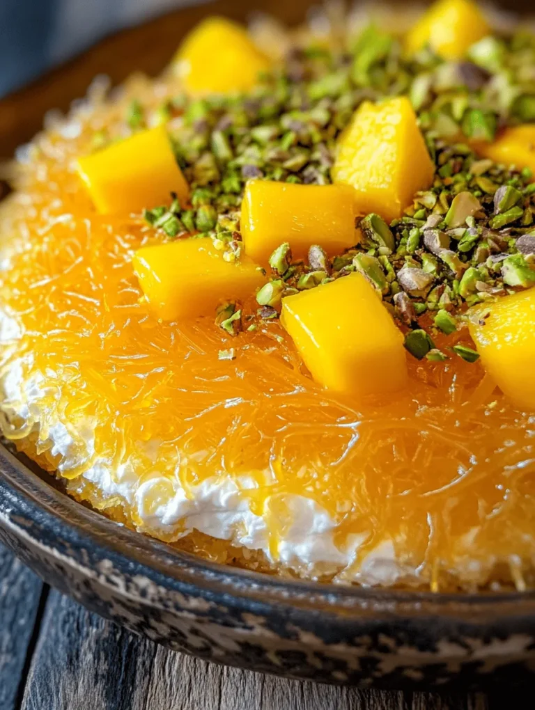 Knafeh is a beloved dessert that has captivated hearts and taste buds across the Middle East and beyond. This indulgent treat, characterized by its crispy golden exterior and creamy interior, often brings a sense of nostalgia and celebration. Traditionally enjoyed during festivities, Knafeh has established itself as a cornerstone of Middle Eastern cuisine. What sets this particular recipe apart is the delightful twist of incorporating fresh mango and a rich cream filling, transforming the classic dessert into a vibrant and refreshing experience.