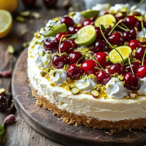 If you’re on the hunt for a show-stopping dessert that perfectly balances tart and sweet flavors, look no further than the luscious lemon-lime cherry pistachio cheesecake. This remarkable dessert offers a delightful fusion of flavors, where the zesty citrus notes harmonize with the sweet, juicy cherries, all enveloped in a rich and creamy cheesecake filling. The underlying pistachio crust adds a nutty depth that elevates the overall experience, making each bite a celebration of textures and tastes.