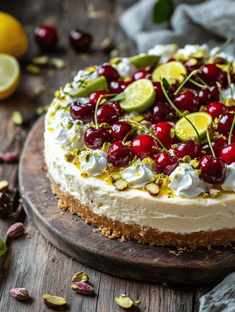 If you’re on the hunt for a show-stopping dessert that perfectly balances tart and sweet flavors, look no further than the luscious lemon-lime cherry pistachio cheesecake. This remarkable dessert offers a delightful fusion of flavors, where the zesty citrus notes harmonize with the sweet, juicy cherries, all enveloped in a rich and creamy cheesecake filling. The underlying pistachio crust adds a nutty depth that elevates the overall experience, making each bite a celebration of textures and tastes.