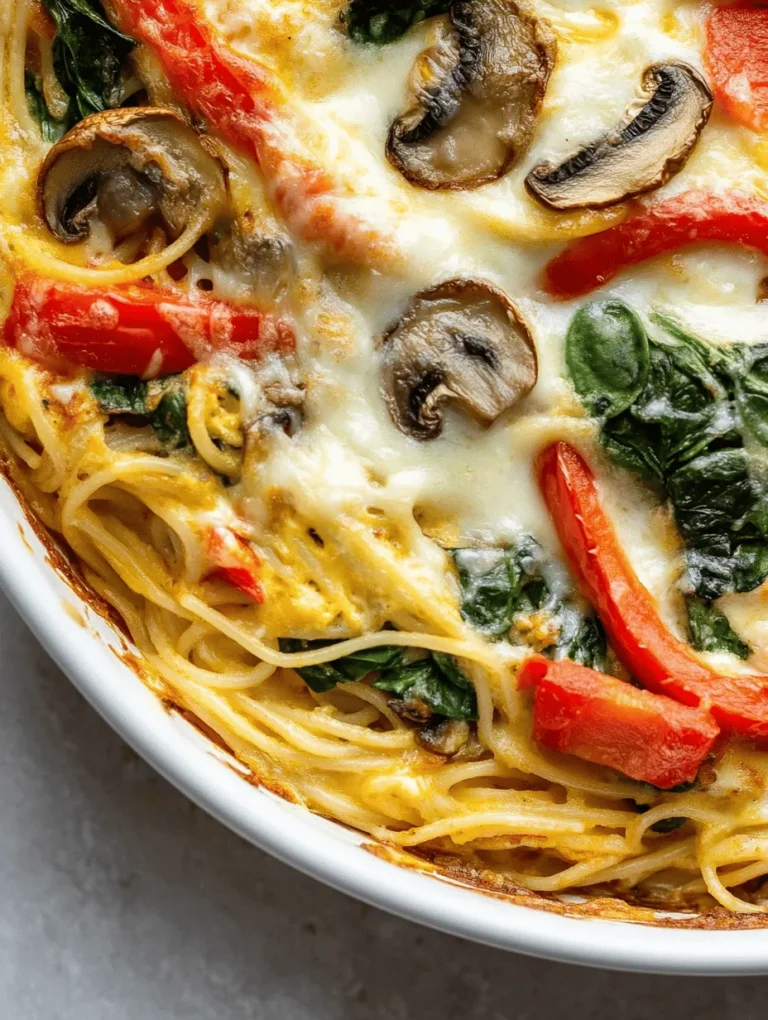 The Baked Spaghetti Frittata with Veggies Delight is an innovative twist on traditional Italian cuisine that brings together the comforting flavors of spaghetti and the wholesome goodness of a frittata. This dish combines the hearty satisfaction of pasta with the light and fluffy texture of a frittata, making it a perfect option for those looking to explore a new culinary experience without sacrificing nutrition. Frittatas have surged in popularity within the meal prep community, and for good reason; they are not only easy to prepare but also incredibly versatile. They can be enjoyed at any meal of the day, whether it be breakfast, lunch, or dinner, making them a staple for busy families and health-conscious individuals alike.