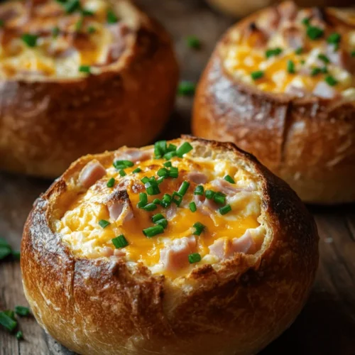 Bread bowls have gained popularity in recent years as a creative and functional way to serve a variety of fillings. Typically made from hearty bread, these bowls are hollowed out to create space for delicious fillings that can range from soups to salads, and, of course, savory mixtures like our featured ham, egg, and cheese combination. The trend of using bread as an edible vessel not only adds a unique presentation to your meal but also contributes to the overall flavor experience. As the filling warms the bread, it becomes infused with the rich flavors of the ingredients inside, making every bite a delight.