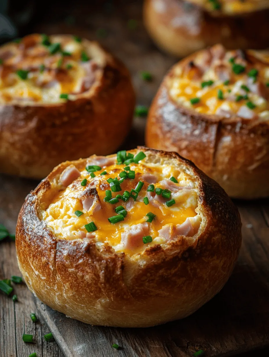 Bread bowls have gained popularity in recent years as a creative and functional way to serve a variety of fillings. Typically made from hearty bread, these bowls are hollowed out to create space for delicious fillings that can range from soups to salads, and, of course, savory mixtures like our featured ham, egg, and cheese combination. The trend of using bread as an edible vessel not only adds a unique presentation to your meal but also contributes to the overall flavor experience. As the filling warms the bread, it becomes infused with the rich flavors of the ingredients inside, making every bite a delight.