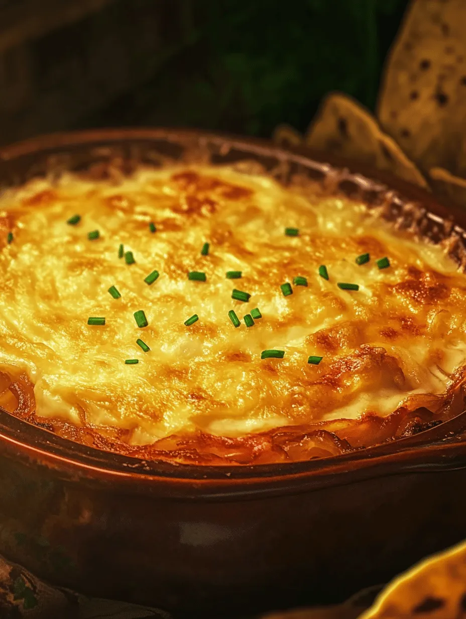 Indulge in the warmth and flavor of our Sizzling Cheesy Hot Onion Dip, a dish that elevates your appetizer game to new heights. Perfectly suited for a variety of occasions—be it a lively game night, a festive holiday gathering, or a simple get-together with friends—this dip combines the sweet, savory notes of caramelized onions with a rich blend of creamy cheeses. Its irresistibly gooey texture and robust flavor make it a surefire hit with guests of all ages.