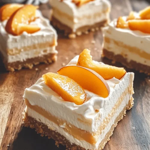 Cheesecake bars have become a beloved dessert option, celebrated for their creamy texture and the ability to be easily portioned for sharing. The unique combination of peaches and cream adds a delightful twist to this classic treat, making it a standout choice for summer gatherings and family dinners. When fresh peaches are in season, their juicy sweetness complements the rich creaminess of cheesecake, capturing the essence of summer in every bite. This recipe not only highlights the natural flavors of ripe peaches but also emphasizes the ease of preparation, ensuring that even novice bakers can impress their guests with a stunning dessert.