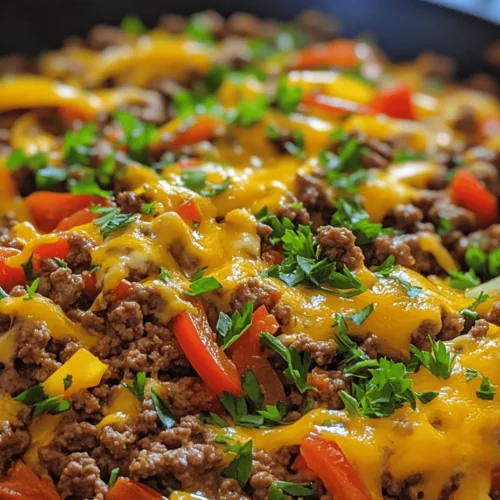 At the heart of Cheesy Beef & Pepper Delight is a delightful fusion of flavors and textures. The dish combines the rich, meaty essence of ground beef with the fresh, crisp sweetness of bell peppers, creating a dynamic contrast that excites the palate. Adding to this medley are the creamy textures of cheeses, which meld together to form a luxurious sauce that envelops the beef and peppers in a comforting embrace.