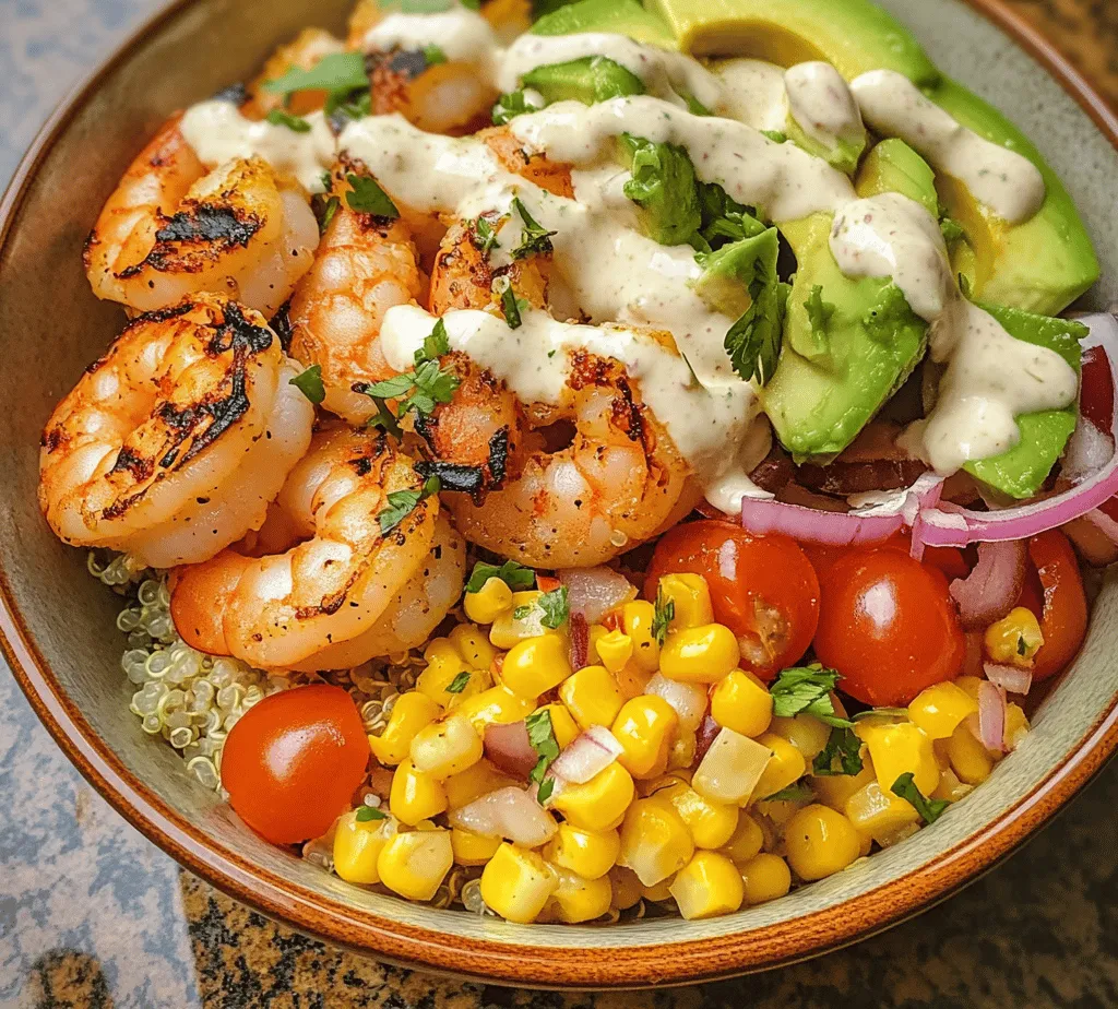 If you’re looking for a dish that encapsulates vibrant flavors, nutritional benefits, and ease of preparation, look no further than the Grilled Shrimp Bowl with Avocado, Corn Salsa, and Creamy Garlic Sauce. This culinary delight is not just a feast for the eyes but also a wholesome meal that combines succulent shrimp, creamy avocado, and a refreshing corn salsa, all topped off with a luscious garlic sauce.