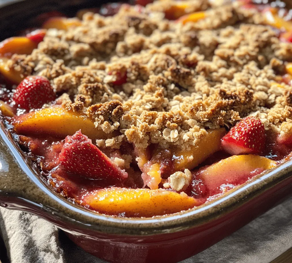 As summer approaches, the markets overflow with vibrant, juicy fruits that capture the essence of the season. One such delightful combination that stands out is the pairing of strawberries and peaches, both of which bring a sweetness and juiciness that is hard to resist. Today, we will explore a mouthwatering recipe for <strong>Strawberry Peach Crisp</strong>, a dessert that not only celebrates these seasonal ingredients but also embodies the warmth and comfort of summer gatherings.” /></p>
</p>
<p><strong>Tips for Selecting Ripe Strawberries and Peaches</strong></p>
</p>
<p>Choosing the right fruit is essential for achieving the best flavor and texture in your Strawberry Peach Crisp. When selecting strawberries, look for bright red berries with a natural shine. They should be firm to the touch and free from any soft spots or mold. The green caps (or hulls) should be fresh and vibrant. Avoid strawberries that are overly large, as they might lack the intense flavor of smaller, well-ripened fruits.</p>
</p>
<p>For peaches, the perfect fruit should yield slightly to gentle pressure and have a fragrant aroma. Look for peaches that are golden-yellow or a rosy hue, indicating ripeness. If your peaches are firmer than desired, you can ripen them at room temperature for a few days. Once they are soft and fragrant, they are ready to be used in your crisp.</p>
</p>
<p><strong>Proper Technique for Mixing Ingredients for an Even Coating</strong></p>
</p>
<p>The key to a well-balanced Strawberry Peach Crisp lies in the even coating of the fruits with sugar, lemon juice, and cornstarch. In a large mixing bowl, combine the sliced strawberries and peaches. Sprinkle the granulated sugar, lemon juice, and cornstarch over the fruit. Using a gentle folding technique, mix the ingredients with a spatula or spoon until the fruit is evenly coated. Avoid over-mixing to prevent the fruit from breaking down and becoming mushy. This careful approach ensures that each bite delivers a burst of flavor while maintaining the integrity of the fruit.</p>
</p>
<p><strong>Making the Crisp Topping</strong></p>
</p>
<p>While the fruit mixture sits, you can prepare the crisp topping, which is essential for adding a delightful crunch to your dessert. In a separate bowl, combine rolled oats, all-purpose flour, brown sugar, and a pinch of salt. The combination of these ingredients creates a flavorful base. Next, add chilled, cubed butter to the dry mixture. Using a pastry cutter or your fingers, work the butter into the dry ingredients until the mixture resembles coarse crumbs. It’s important not to overwork the butter; the small chunks will melt during baking, creating a rich, buttery flavor and crispy texture.</p>
</p>
<p><strong>Importance of Texture in the Topping Mixture</strong></p>
</p>
<p>The texture of your crisp topping can make or break the dish. A perfect topping should be crumbly yet cohesive enough to hold together when baked. The rolled oats contribute to a hearty texture, while the butter adds richness. If you prefer a more chewy topping, consider adding a bit more oats or even a handful of shredded coconut for a tropical twist. The key is to achieve a balance between crunch and chewiness, which will enhance the overall experience of the crisp.</p>
</p>
<p><strong>Discuss the Optional Addition of Nuts and Their Benefits</strong></p>
</p>
<p>For those looking to elevate their Strawberry Peach Crisp, consider adding nuts to the topping mixture. Chopped almonds, walnuts, or pecans can introduce a delightful crunch and nutty flavor, complementing the sweet fruit beautifully. Nuts also add a nutritional boost, offering healthy fats, protein, and fiber. If you opt for nuts, aim for about half a cup, finely chopped, and mix them into your topping before spreading it over the fruit. This addition not only enhances flavor but also contributes to a satisfying texture that contrasts with the soft fruit beneath.</p>
</p>
<p><strong>Combining and Baking</strong></p>
</p>
<p>Once your fruit and topping are prepared, it’s time to combine them for baking. Preheat your oven to 350°F (175°C). In a greased baking dish, pour the coated fruit mixture, spreading it evenly across the bottom. Next, evenly distribute the crisp topping over the fruit layer. For an extra touch, lightly press the topping down to ensure it adheres to the fruit, which will prevent it from becoming too loose during baking.</p>
</p>
<p><strong>Techniques for Evenly Distributing the Topping</strong></p>
</p>
<p>To achieve an even layer of crisp topping, use your fingers or a spatula to sprinkle it over the fruit mixture in small clumps. This technique allows for the topping to bake evenly and develop a golden crust. Avoid dumping all the topping in one spot; instead, work your way around the dish, ensuring every corner is covered. This will not only look appealing but also ensure that each serving has a perfect balance of fruit and crisp.</p>
</p>
<p><strong>Baking Time and Visual Cues for Doneness</strong></p>
</p>
<p>Bake the Strawberry Peach Crisp in the preheated oven for approximately 30 to 35 minutes, or until the topping is golden brown and the fruit is bubbling around the edges. A visual cue for doneness is the slight browning of the topping; it should appear crisp and dry, contrasting with the juicy fruit below. If the topping browns too quickly, you can cover the dish loosely with aluminum foil for the remainder of the baking time to prevent burning.</p>
</p>
<p><strong>Cooling and Serving</strong></p>
</p>
<p>Once your crisp is baked to perfection, remove it from the oven and let it cool for about 10 to 15 minutes. Cooling is crucial as it allows the flavors to meld and the juices to thicken slightly, making for a more satisfying dessert. When ready to serve, scoop a generous portion into bowls, and consider topping it with a scoop of vanilla ice cream or a dollop of whipped cream. The cold creaminess will beautifully contrast with the warm, juicy fruit and crispy topping, creating a delightful experience for the taste buds.</p>
</p>
<p><strong>Nutritional Benefits of Strawberry Peach Crisp</strong></p>
</p>
<p>When considering dessert options, it’s essential to look at their nutritional value. Strawberries are rich in vitamin C, manganese, and antioxidants, supporting immune health and reducing inflammation. Peaches are a great source of vitamins A and C, fiber, and potassium, contributing to overall wellness. Together, they create a refreshing and nutrient-dense filling for your crisp.</p>
</p>
<p>The oats and nuts in the topping also provide significant benefits. Oats are a great source of soluble fiber, which can help to lower cholesterol and improve heart health. Nuts add healthy fats and protein, promoting satiety and providing essential nutrients. When enjoyed in moderation, Strawberry Peach Crisp can be a balanced dessert option that satisfies your sweet cravings without compromising your health goals.</p>
</p>
<p><strong>The Versatility of Strawberry Peach Crisp</strong></p>
</p>
<p>One of the joys of preparing a Strawberry Peach Crisp is its versatility. While the combination of strawberries and peaches is delightful, feel free to experiment with other fruits based on seasonal availability. Berries, apples, or even pears can be excellent substitutes, allowing you to customize the flavors. Additionally, you can adjust the sweetness by using alternative sweeteners like honey or maple syrup, catering to different dietary preferences.</p>
</p>
<p>For those with dietary restrictions, consider making gluten-free versions by swapping regular flour with oat flour or almond flour, and use gluten-free oats. Vegan adaptations can easily be achieved by substituting butter with coconut oil or a plant-based margarine. The crisp can also be enjoyed as a breakfast option when served warm with yogurt, making it a truly versatile dish.</p>
</p>
<p><strong>Pairing with Beverages</strong></p>
</p>
<p>To elevate your dessert experience, consider pairing your Strawberry Peach Crisp with complementary beverages. A light, fruity white wine such as Riesling or Moscato can enhance the sweet notes of the fruit, while a refreshing summer tea, like peach or hibiscus iced tea, provides a perfect balance. For a non-alcoholic option, consider serving it with lemonade or sparkling water, which adds a refreshing twist.</p>
</p>
<p><strong>The Perfect Occasion for Strawberry Peach Crisp</strong></p>
</p>
<p>Strawberry Peach Crisp is an ideal dessert for various occasions. Whether it’s a picnic in the park, a summer barbecue, or a family gathering, this dish fits seamlessly into any setting. The vibrant colors and delightful aroma are sure to impress your guests and create lasting memories. Seasonal celebrations like Independence Day or Labor Day are perfect opportunities to showcase this dessert, as it highlights the best of summer’s bounty.</p>
</p>
<p>Making Strawberry Peach Crisp can also become a cherished family tradition during the summer months. Gather the family to pick fresh strawberries and peaches at a local farm, then return home to create this delicious dessert together. It fosters not just the joy of cooking, but also family bonding over the shared experience of preparing a seasonal treat.</p>
</p>
<p><strong>Conclusion</strong></p>
</p>
<p>In summary, the Strawberry Peach Crisp encapsulates the delightful flavors of summer in a simple, yet satisfying dessert. The combination of sweet, juicy fruit with a crispy, buttery topping creates a perfect harmony that can be enjoyed warm or at room temperature. Cooking with fresh, seasonal ingredients brings joy and creativity to the kitchen, making this recipe a must-try for any home cook.</p>
</p>
<p>Encourage your friends and family to embrace the bounty of summer by trying this easy and delicious Strawberry Peach Crisp recipe. With its delightful taste and numerous variations, it promises to be a comforting and satisfying dessert for all occasions. So gather your ingredients, invite loved ones into the kitchen, and indulge in the sweet summer delight that is Strawberry Peach Crisp.</p>
<div id=