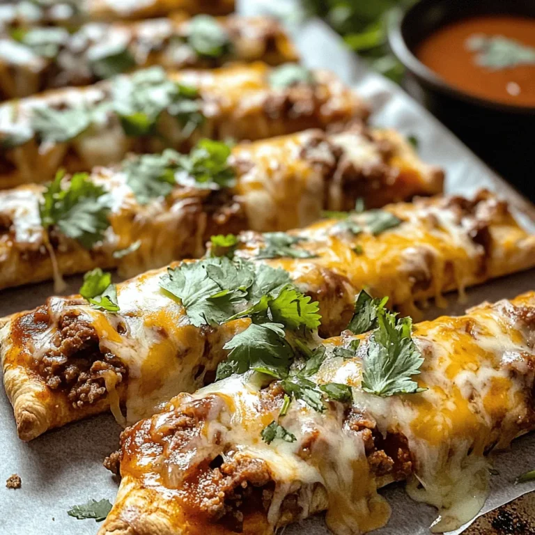 Cheesy Taco Sticks are a delightful fusion dish that brings together the bold flavors of tacos and the enjoyable experience of finger food. Imagine biting into a warm, cheesy stick that bursts with the savory goodness of seasoned meat, creamy refried beans, and melted cheese. This dish is not only a feast for the taste buds but also an ideal choice for various occasions, whether you're hosting a gathering, celebrating game day, or simply looking for a quick and satisfying family dinner. The combination of textures—from the crispy exterior to the gooey cheese filling—makes these taco sticks irresistible to both kids and adults alike.